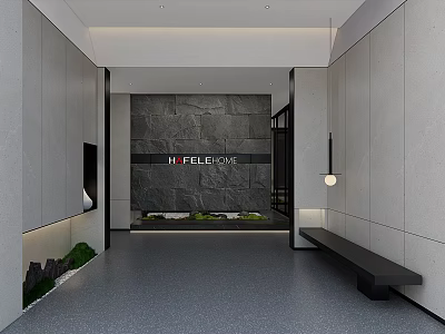 Modern Front Desk Reception Lobby with Stone Wall Logo Bench and Lighting Design 3d model