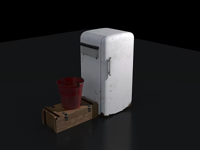 Vintage White Refrigerator Next To Red Bucket On Wooden Crate Displayed On Dark Surface 3d model