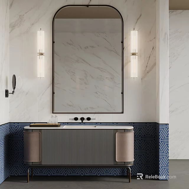 Modern Bathroom Vanity With Marble Mirror Wall Lights And Blue Geometric Tile 3d model