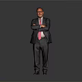 A Man In Black Suit With Pink Tie Standing With Crossed Arms On Gray Background