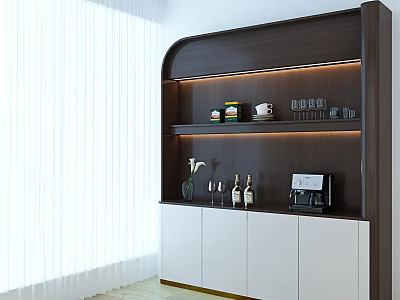 Modern Sideboard with Dark Wood Frame White Storage Cabinets LED Strip and Coffee Machine 3d model