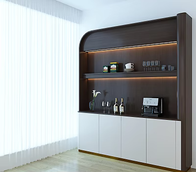 Modern Sideboard with Dark Wood Frame White Storage Cabinets LED Strip and Coffee Machine 3d model