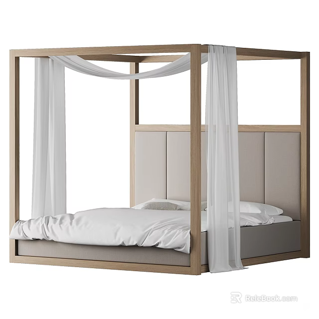 Four poster Double Bed With Wooden Frame Grey Padded Headboard And White Drapes 3d model 