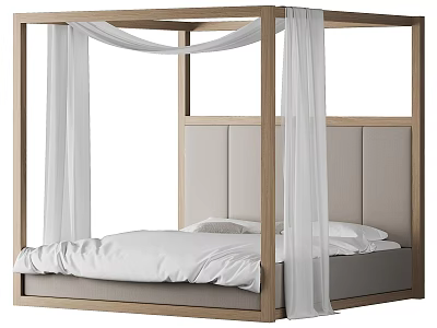 Four poster Double Bed With Wooden Frame Grey Padded Headboard And White Drapes 3d model