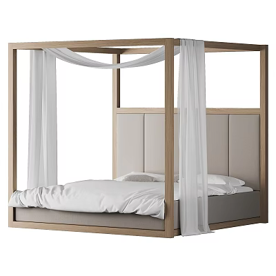 Four poster Double Bed With Wooden Frame Grey Padded Headboard And White Drapes 3d model