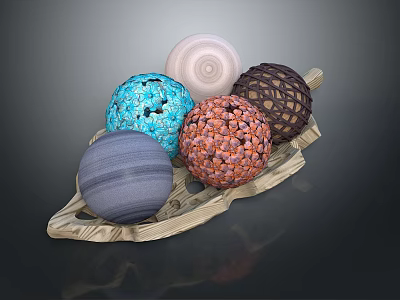 Decorative Spheres With Woven Striped Textures And Various Colors On Wooden Tray 3d model