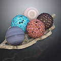 Decorative Spheres With Woven Striped Textures And Various Colors On Wooden Tray