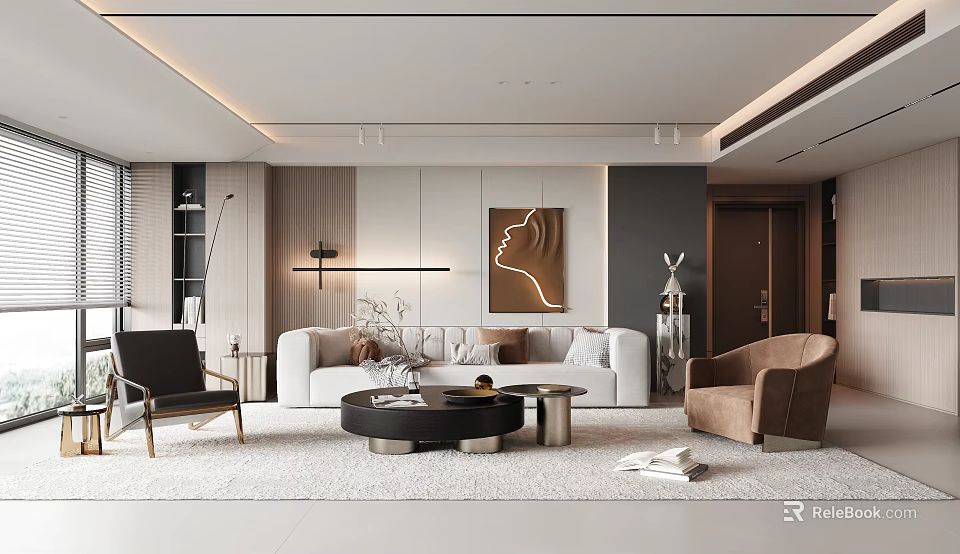 Modern Living Room Interior Design With White Sofa Brown Armchair Black Armchair And Coffee Tables 3d model 