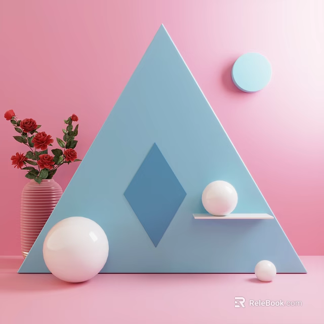 Pink Background Blue Triangular Decor With Diamond Pattern White Spheres And Red Flowers Vase 3d model 