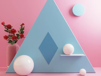 Pink Background Blue Triangular Decor With Diamond Pattern White Spheres And Red Flowers Vase 3d model