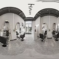 Modern Hair Salon Interior Design With Round Mirrors Black Barber Chairs And Gray Floors
