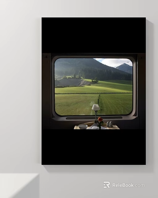 Scenic Landscape View Through Train Window With Green Meadow Mountain Country House Tray And Teacups 3d model 