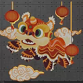 Traditional Lion Dance Figure With Red Lanterns And Cloud Patterns On Gray Brick Wall 3d model