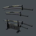 Traditional Samurai Swords with Black Handles Gold Decorations Sheaths and Decorative Stand with Circular Emblem