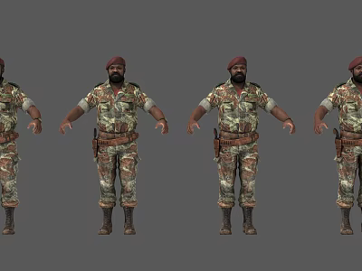 Military Character 3D Model With Camouflage Uniform Red Headscarf Bearded Face And Multiple Poses 3d model