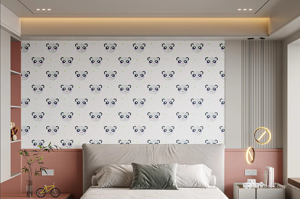 Cute Kids Room Interior With Panda Wallpaper Pink White Walls Bed Small Bicycle Plant And Lamp Decor 3d model 