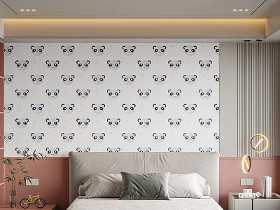Cute Kids Room Interior With Panda Wallpaper Pink White Walls Bed Small Bicycle Plant And Lamp Decor 3d model