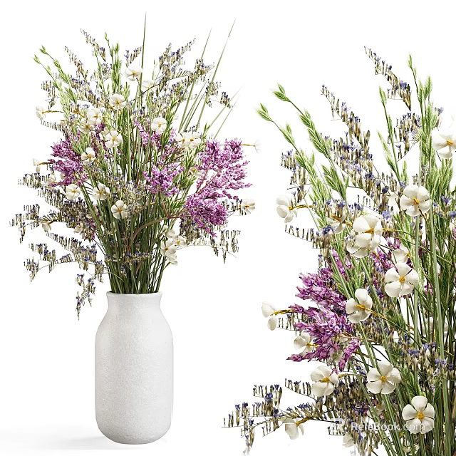 Decorative Flower Arrangement With White Vase Purple Lavender And White Blooms For Home Decor 3d model 