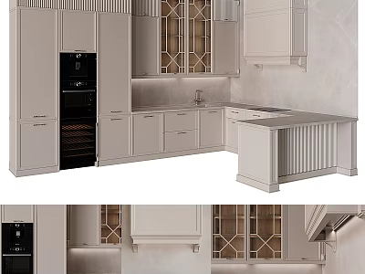 Elegant Modern Kitchen Interior Design With White Cabinets Glass Doors And Island Counter 3d model
