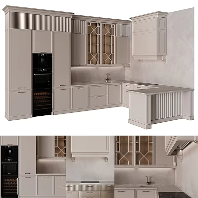 Elegant Modern Kitchen Interior Design With White Cabinets Glass Doors And Island Counter 3d model
