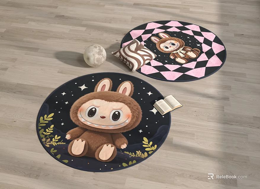 Round Rugs With Cute Cartoon Animal Stars Plants Diamond Pattern In Dark Blue Pink 3d model 