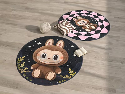 Round Rugs With Cute Cartoon Animal Stars Plants Diamond Pattern In Dark Blue Pink 3d model