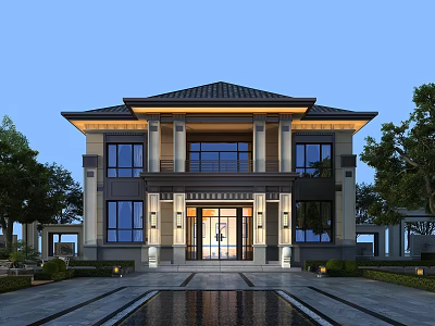 Luxurious Detached Villa Exterior Featuring Grand Entrance Symmetrical Design Tile Roof And Front Pool 3d model