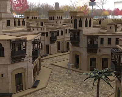 Cartoon Scene of Ancient Arabian Architecture Courtyard with Figure Palm Tree and Colorful Trees 3d model