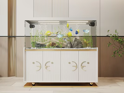 Stylish Aquarium Tank Interior With Colorful Fish Aquatic Plants Decorative Rocks On White Cabinet Stand 3d model