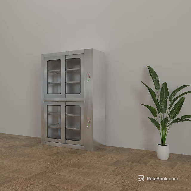 Stainless Steel Kitchen Cabinet With Glass Doors Shelves Wooden Floor White Wall And Green Plant 3d model 