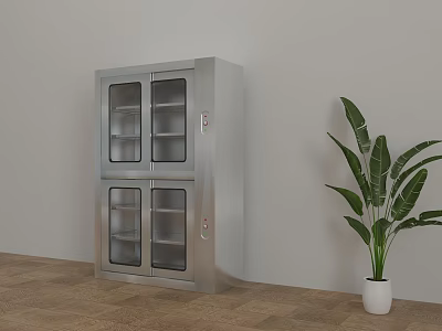 Stainless Steel Kitchen Cabinet With Glass Doors Shelves Wooden Floor White Wall And Green Plant 3d model