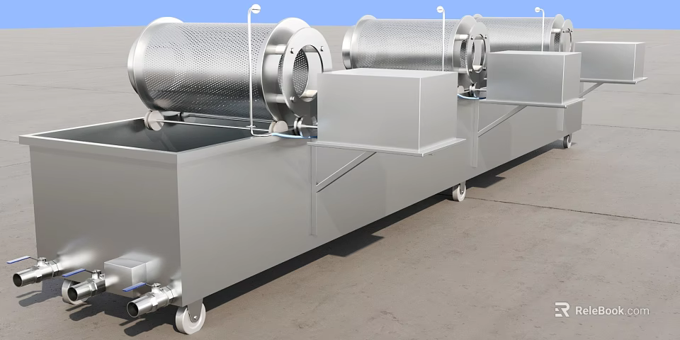 Stainless Steel Industrial Rotary Drum Processing Equipment Featuring Multiple Drums And Mobile Base 3d model