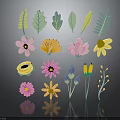 Colorful Plant Elements with Leaves and Flowers Various Shapes Colors on Black Background Design Material