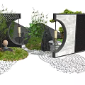 Modern Garden Wall Design With Circular Window Green Plants And Pebble Path 3d model