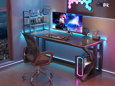 Modern Entertainment Desk With Gaming Screen RGB Lighting Computer Case Ergonomic Chair And Decorative Shelf 3d model