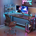 Modern Entertainment Desk With Gaming Screen RGB Lighting Computer Case Ergonomic Chair And Decorative Shelf