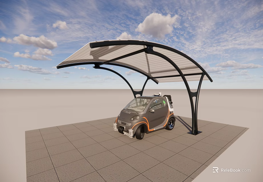 Modern Covered Parking Shelter With Small Electric Car On Paved Ground Under Blue Sky 3d model 