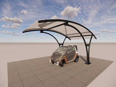 Modern Covered Parking Shelter With Small Electric Car On Paved Ground Under Blue Sky 3d model