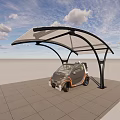 Modern Covered Parking Shelter With Small Electric Car On Paved Ground Under Blue Sky