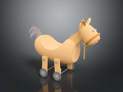 Children's Wooden Rocking Horse With Wheels Rope Detail And Light Wood Color 3d model