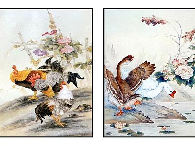 Traditional Chinese Artworks With Rooster Hen Ducks And Floral Water Scenes 3d model