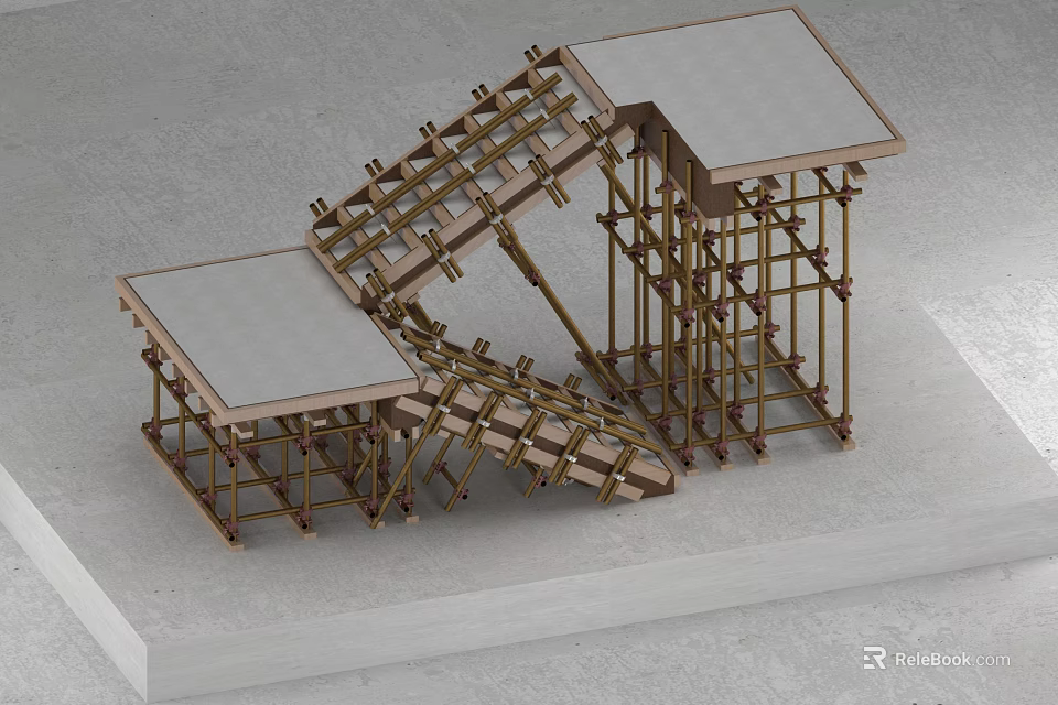 Stairs Under Construction With Metal Scaffolding Support Frames And Concrete Steps 3d model