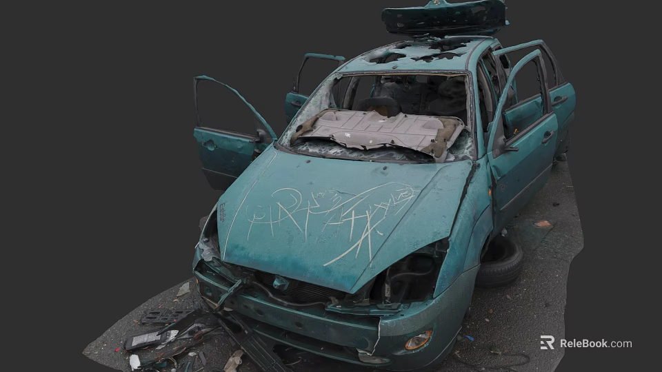 Abandoned Damaged Car With Graffiti Open Doors And Broken Parts 3d model 