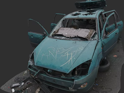 Abandoned Damaged Car With Graffiti Open Doors And Broken Parts 3d model