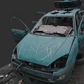 Abandoned Damaged Car With Graffiti Open Doors And Broken Parts