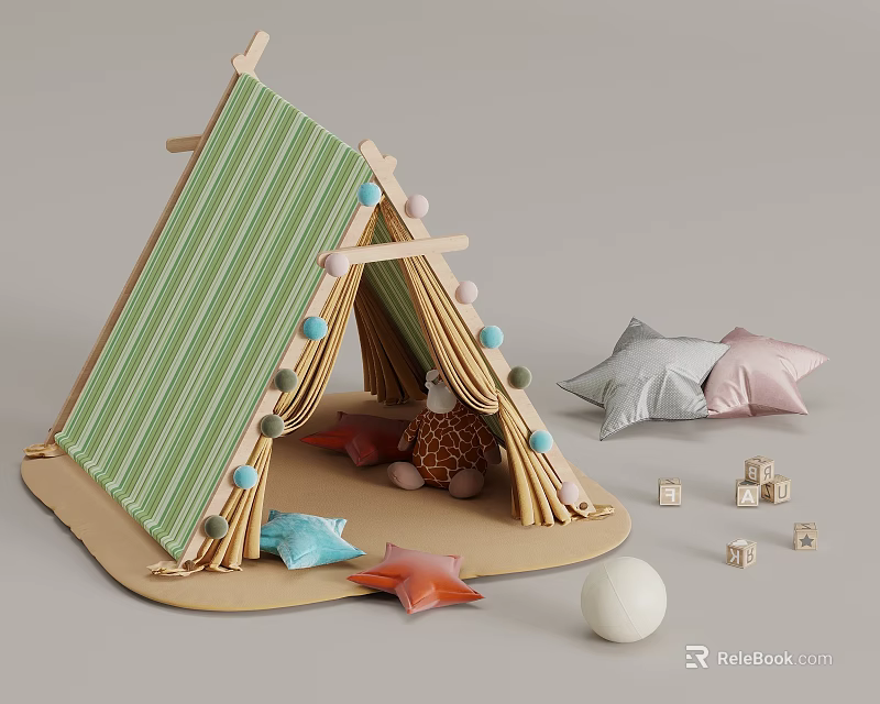 Green Striped Children's Tent with Colorful Pom Poms Star Pillows and Building Blocks 3d model 