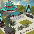Ancient Chinese Architecture Palace with Green Roofs Red Columns Pagodas Trees and Mountain View