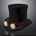 Steampunk Black Top Hat With Brown Leather Strap And Round White Lenses