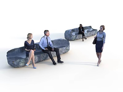 Scenic Park Landscape With Natural Stone Benches And People Sitting Standing 3d model