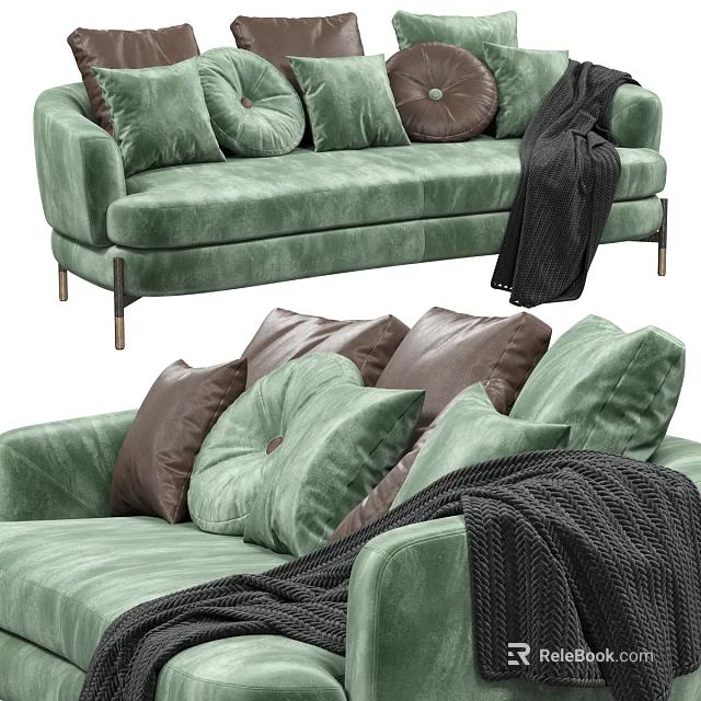 Green Velvet Two Seater Sofa With Decorative Pillows And Black Throw Blanket 3d model 